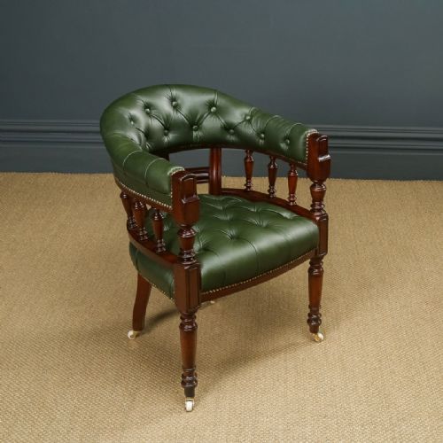 fig 1. Antique English Victorian Mahogany & Green Leather Office Desk Arm Chair (Circa 1890)