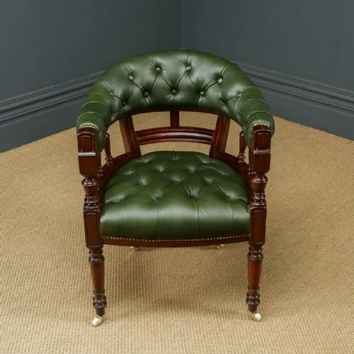 fig 2. Antique English Victorian Mahogany & Green Leather Office Desk Arm Chair (Circa 1890)