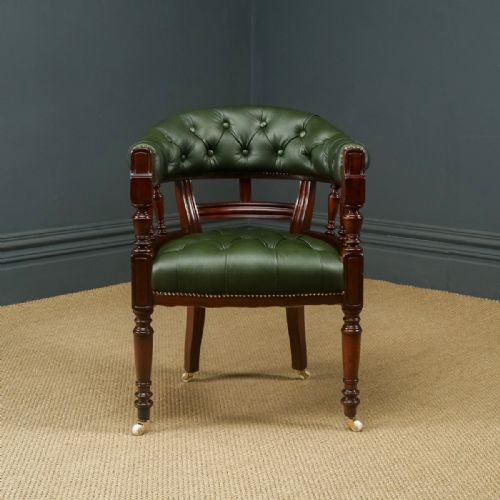 fig 3. Antique English Victorian Mahogany & Green Leather Office Desk Arm Chair (Circa 1890)