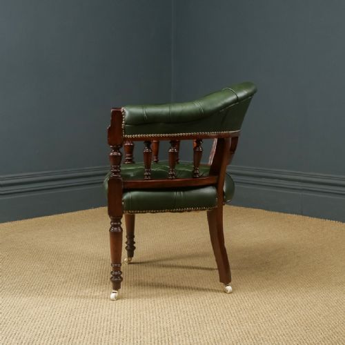 fig 4. Antique English Victorian Mahogany & Green Leather Office Desk Arm Chair (Circa 1890)