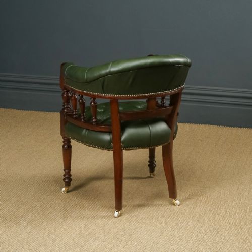 fig 6. Antique English Victorian Mahogany & Green Leather Office Desk Arm Chair (Circa 1890)