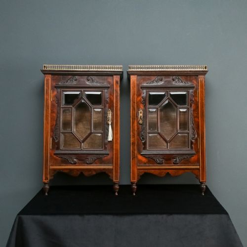 Antique English Pair of Victorian Rosewood & Brass Wall Hanging Glazed Display Cabinets / Cupboards (Circa 1860)