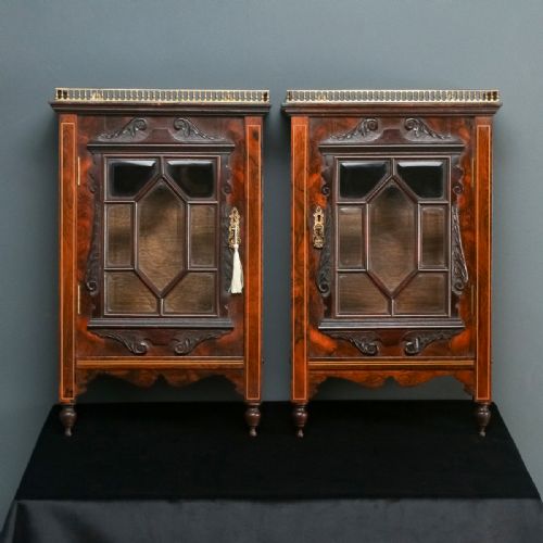 fig 1. Antique English Pair of Victorian Rosewood & Brass Wall Hanging Glazed Display Cabinets / Cupboards (Circa 1860)