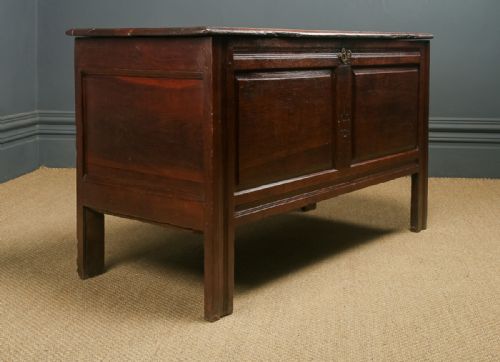fig 1. Antique English Georgian Oak Twin Panel Coffer Chest Blanket Box Trunk (Circa 1720)