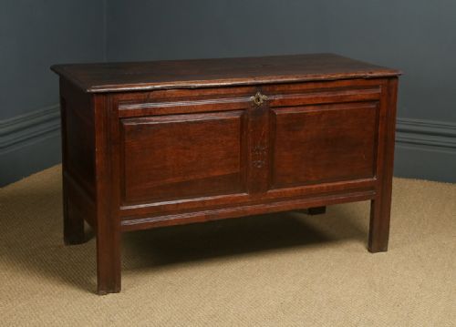 fig 2. Antique English Georgian Oak Twin Panel Coffer Chest Blanket Box Trunk (Circa 1720)