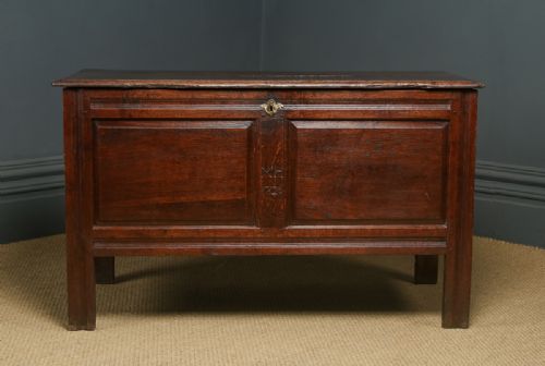fig 4. Antique English Georgian Oak Twin Panel Coffer Chest Blanket Box Trunk (Circa 1720)