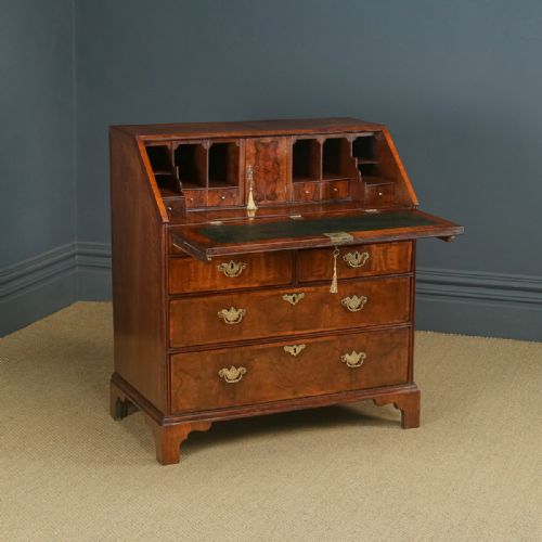 Antique English 18th Century Georgian Figured Walnut Inlaid Bureau Desk (Circa 1740)