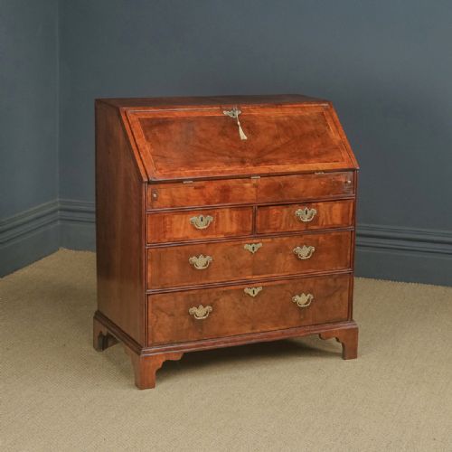 fig 1. Antique English 18th Century Georgian Figured Walnut Inlaid Bureau Desk (Circa 1740)