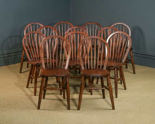 fig 1. Antique Set of 12 Twelve Victorian Ash & Elm Windsor Stick & Hoop Back Kitchen Dining Chairs (Circa 1890 - 1930)