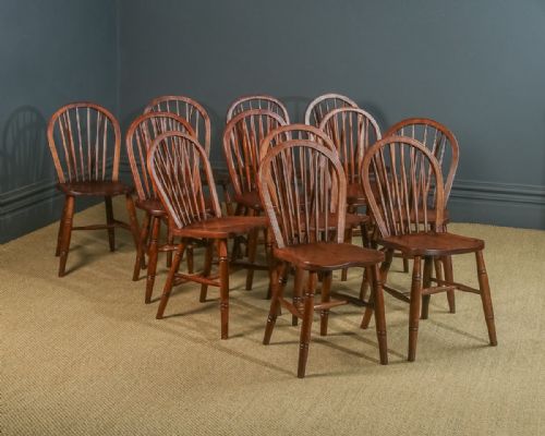 fig 2. Antique Set of 12 Twelve Victorian Ash & Elm Windsor Stick & Hoop Back Kitchen Dining Chairs (Circa 1890 - 1930)