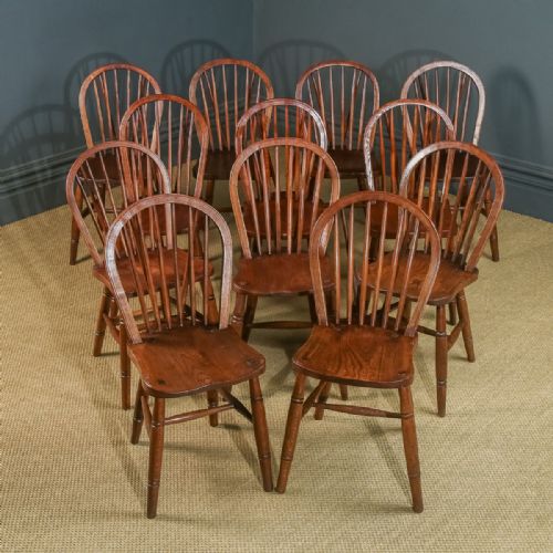 fig 3. Antique Set of 12 Twelve Victorian Ash & Elm Windsor Stick & Hoop Back Kitchen Dining Chairs (Circa 1890 - 1930)