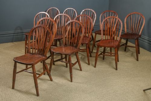 fig 4. Antique Set of 12 Twelve Victorian Ash & Elm Windsor Stick & Hoop Back Kitchen Dining Chairs (Circa 1890 - 1930)