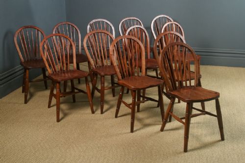 fig 6. Antique Set of 12 Twelve Victorian Ash & Elm Windsor Stick & Hoop Back Kitchen Dining Chairs (Circa 1890 - 1930)