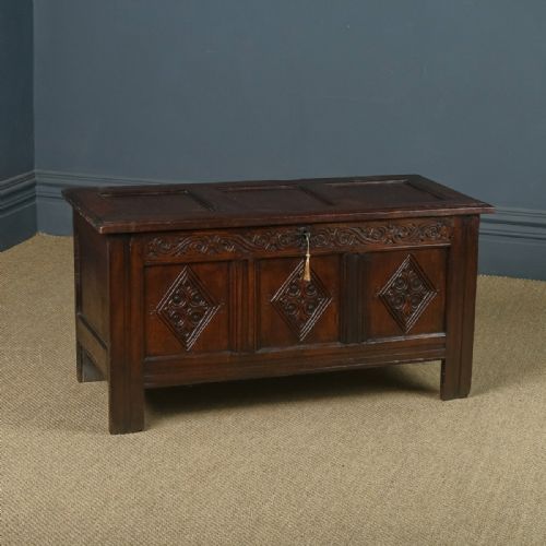 Antique English Charles II Oak Carved Triple Panel Coffer Chest Blanket Box Trunk (Circa 1680)