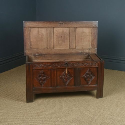 fig 1. Antique English Charles II Oak Carved Triple Panel Coffer Chest Blanket Box Trunk (Circa 1680)