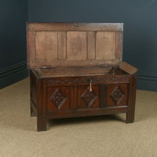 fig 2. Antique English Charles II Oak Carved Triple Panel Coffer Chest Blanket Box Trunk (Circa 1680)