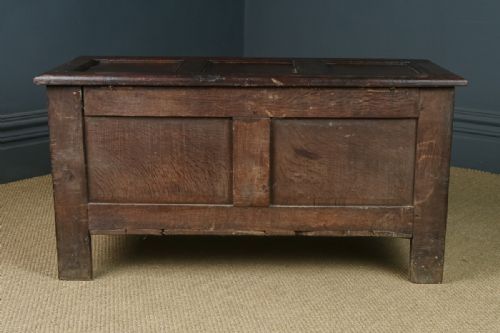 fig 4. Antique English Charles II Oak Carved Triple Panel Coffer Chest Blanket Box Trunk (Circa 1680)