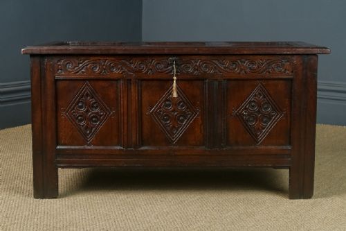 fig 5. Antique English Charles II Oak Carved Triple Panel Coffer Chest Blanket Box Trunk (Circa 1680)
