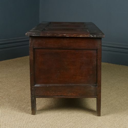 fig 6. Antique English Charles II Oak Carved Triple Panel Coffer Chest Blanket Box Trunk (Circa 1680)