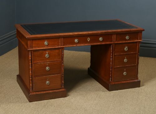 fig 1. Antique English Victorian 4ft 6” Walnut & Black Leather Pedestal Office Writing Desk (Circa 1890)