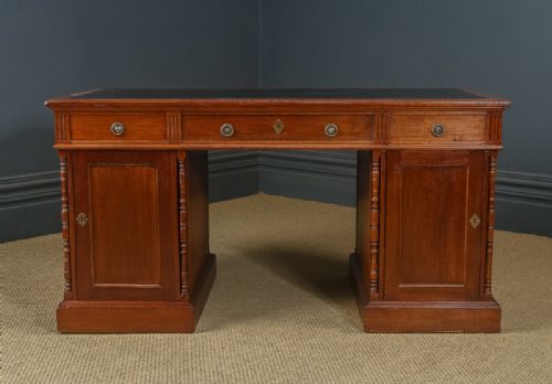 fig 4. Antique English Victorian 4ft 6” Walnut & Black Leather Pedestal Office Writing Desk (Circa 1890)