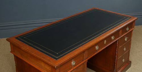 fig 5. Antique English Victorian 4ft 6” Walnut & Black Leather Pedestal Office Writing Desk (Circa 1890)