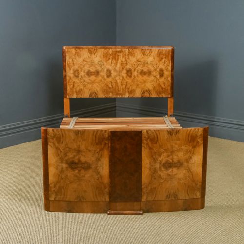 fig 1. Antique English Art Deco Burr Walnut 4ft 6” Double Size Bed by Roberts & Co. of Willenhall (Circa 1930)