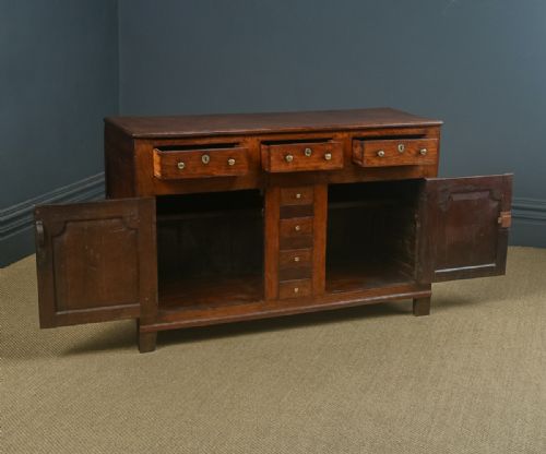fig 2. Antique English Georgian Oak Three Drawer Dresser Base Sideboard Cupboard (Circa 1780)
