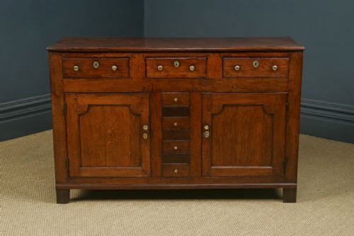 fig 5. Antique English Georgian Oak Three Drawer Dresser Base Sideboard Cupboard (Circa 1780)