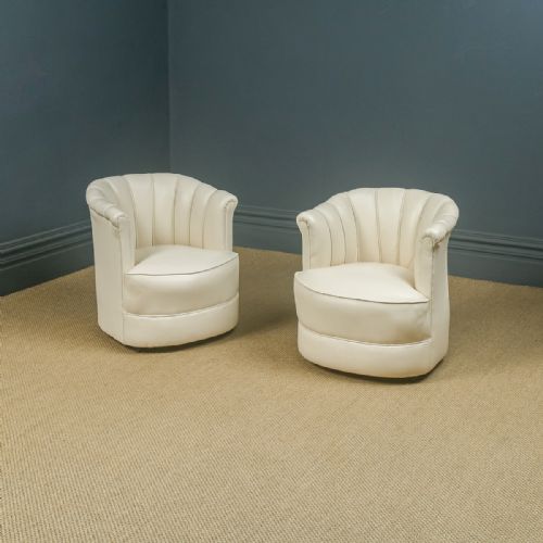 Antique English Art Deco Pair of Cream Leather Upholstered Scalloped Tub Chairs / Armchairs (Circa 1935)
