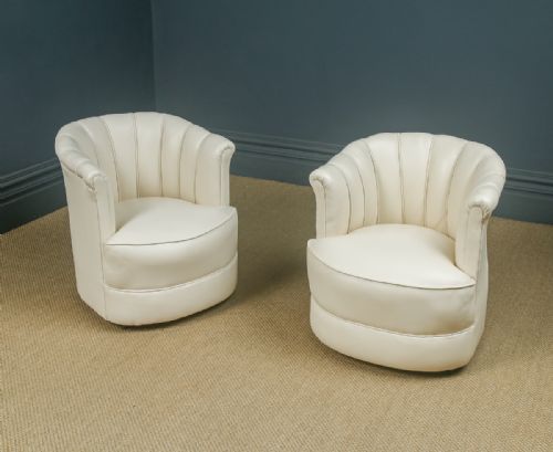 fig 1. Antique English Art Deco Pair of Cream Leather Upholstered Scalloped Tub Chairs / Armchairs (Circa 1935)