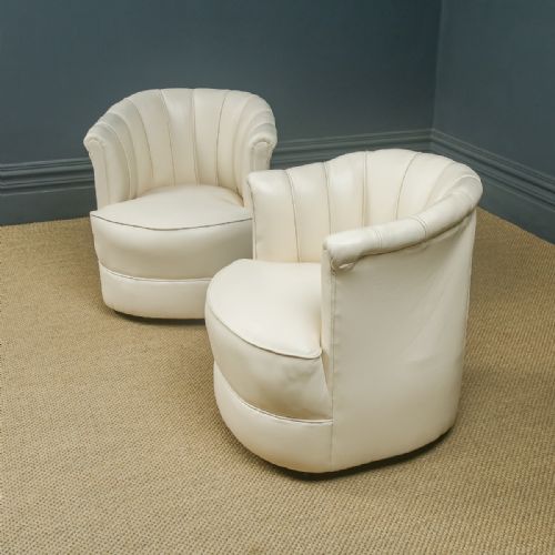fig 2. Antique English Art Deco Pair of Cream Leather Upholstered Scalloped Tub Chairs / Armchairs (Circa 1935)