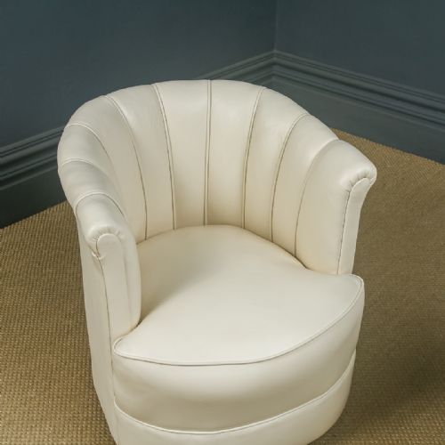 fig 3. Antique English Art Deco Pair of Cream Leather Upholstered Scalloped Tub Chairs / Armchairs (Circa 1935)
