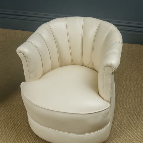 fig 4. Antique English Art Deco Pair of Cream Leather Upholstered Scalloped Tub Chairs / Armchairs (Circa 1935)