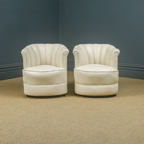 fig 5. Antique English Art Deco Pair of Cream Leather Upholstered Scalloped Tub Chairs / Armchairs (Circa 1935)