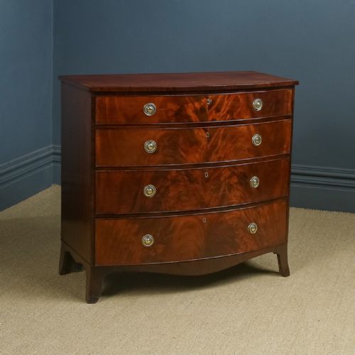 fig 1. Antique English Georgian Regency Flame Mahogany Bow Front Chest of Drawers (Circa 1820)