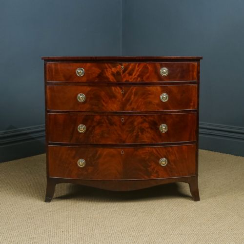 fig 3. Antique English Georgian Regency Flame Mahogany Bow Front Chest of Drawers (Circa 1820)