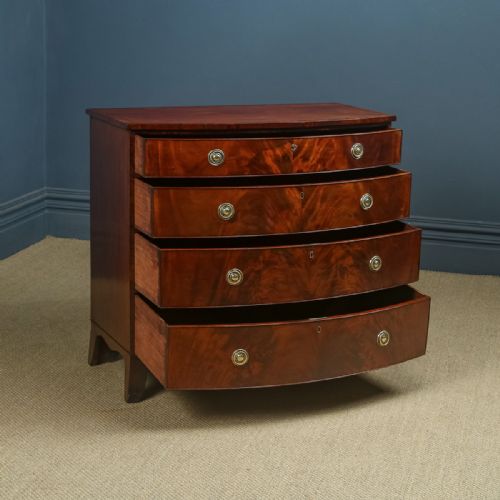 fig 4. Antique English Georgian Regency Flame Mahogany Bow Front Chest of Drawers (Circa 1820)