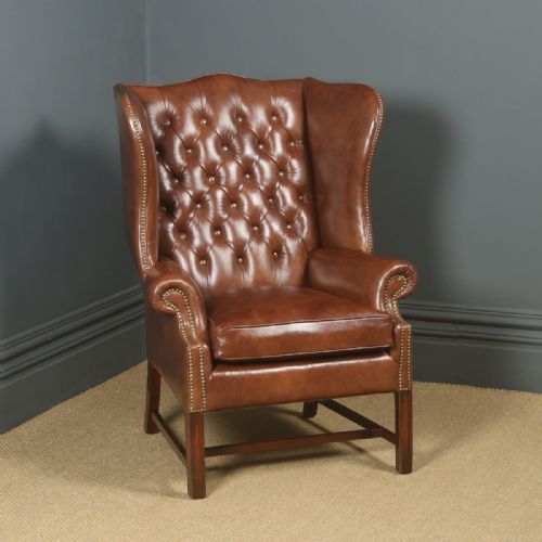 Antique English Georgian Style Brown Leather Mahogany Wing Chair / Armchair (Circa 1920)