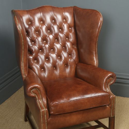 fig 1. Antique English Georgian Style Brown Leather Mahogany Wing Chair / Armchair (Circa 1920)