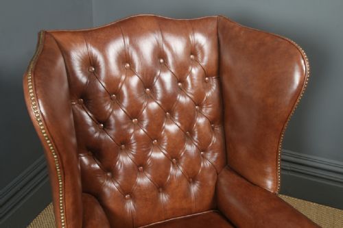 fig 2. Antique English Georgian Style Brown Leather Mahogany Wing Chair / Armchair (Circa 1920)