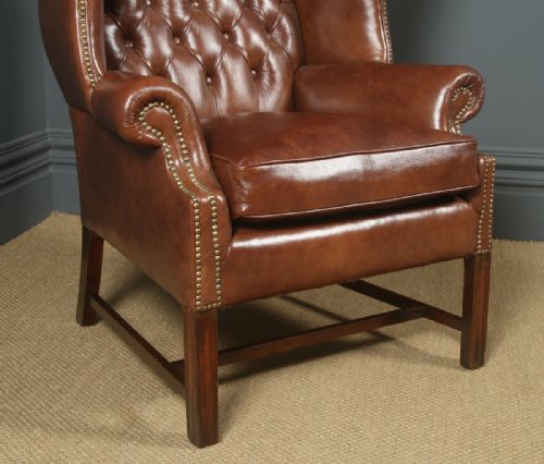 fig 4. Antique English Georgian Style Brown Leather Mahogany Wing Chair / Armchair (Circa 1920)