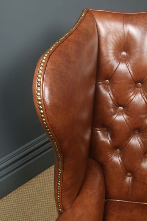 fig 5. Antique English Georgian Style Brown Leather Mahogany Wing Chair / Armchair (Circa 1920)