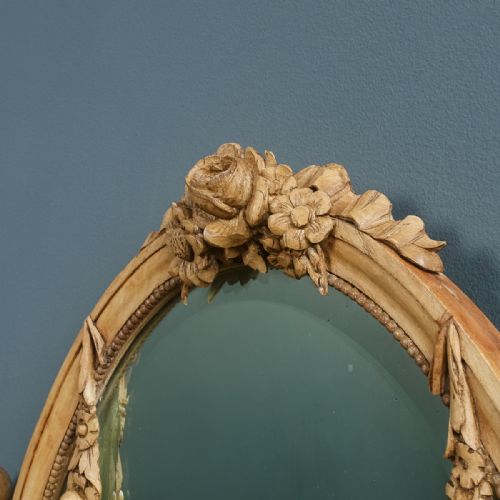 fig 3. Antique Italian 19th Century Renaissance Beech Lime Washed Circular Oval Portrait Hanging Wall Mirror (Circa 1870)
