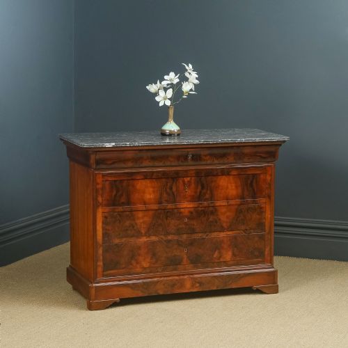 Antique French Louis Philippe Biedermeier Burr Walnut & Marble Bedroom Chest of Drawers / Commode (Circa 1850)