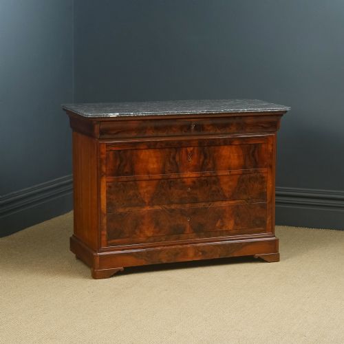 fig 1. Antique French Louis Philippe Biedermeier Burr Walnut & Marble Bedroom Chest of Drawers / Commode (Circa 1850)