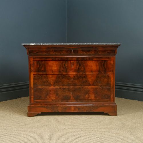 fig 4. Antique French Louis Philippe Biedermeier Burr Walnut & Marble Bedroom Chest of Drawers / Commode (Circa 1850)