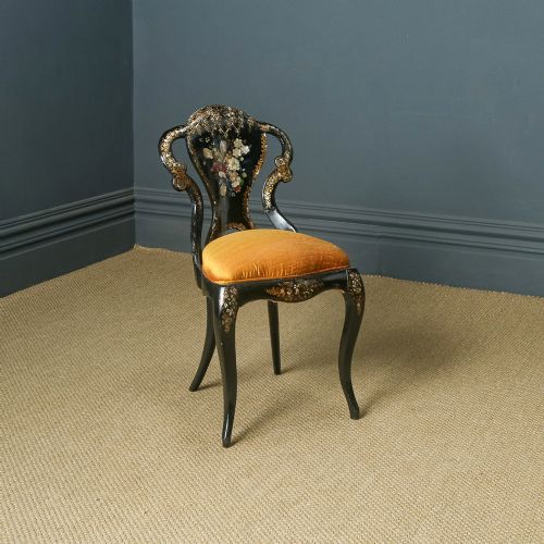 Antique English Victorian Ebonised Gilt & Mother of Pearl Chinoiserie Occasional Side / Bedroom Chair (Circa 1850)