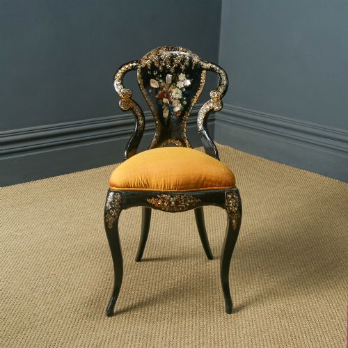 fig 1. Antique English Victorian Ebonised Gilt & Mother of Pearl Chinoiserie Occasional Side / Bedroom Chair (Circa 1850)