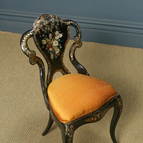 fig 5. Antique English Victorian Ebonised Gilt & Mother of Pearl Chinoiserie Occasional Side / Bedroom Chair (Circa 1850)
